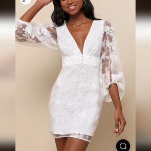 Dramatic Energy White Floral Burnout Balloon Sleeve Mini Dress